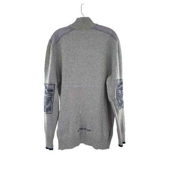 Shanghai Tang Men's Grey Knit Zip Sweater XL Cotton Dragon Patches - Picture 2 of 8